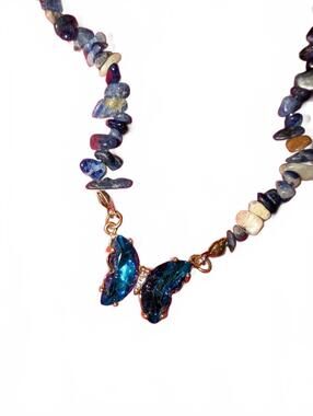 Blue Stone Chip Necklace with Blue Butterfly Pendant